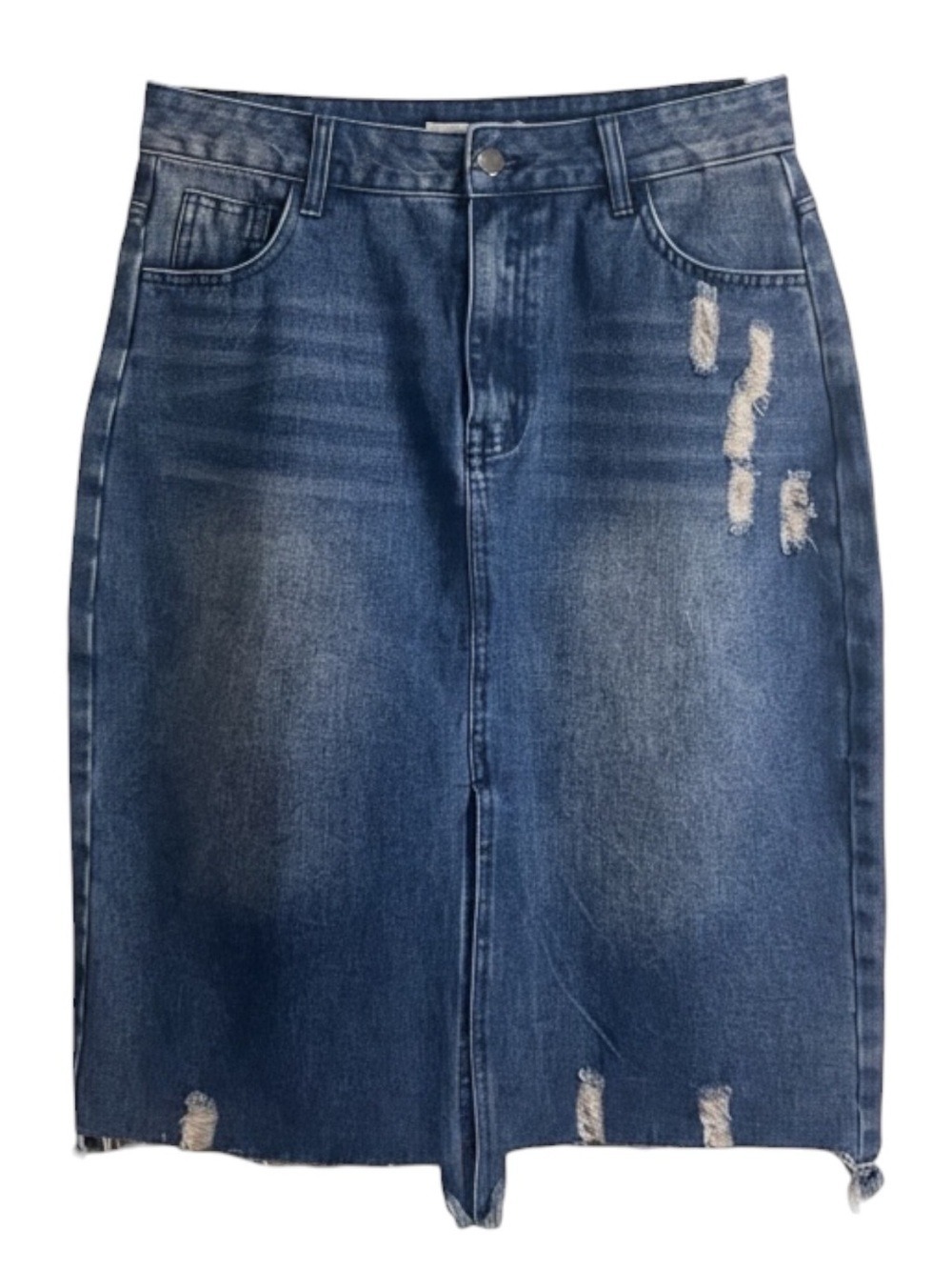 Miss Sparkling Midi Length Denim Skirt Distressed Size Large Medium Wash